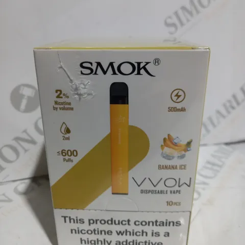 BOXED CELLOPHANE-WRAPPED PACK OF TEN SMOK VVOW DISPOSABLE VAPES - BANANA ICE