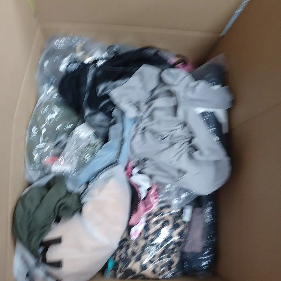 BOX OF ASSORTED CLOTHING ITEMS TO INCLUDE BOXERS, TOPS, GLOVES ETC 