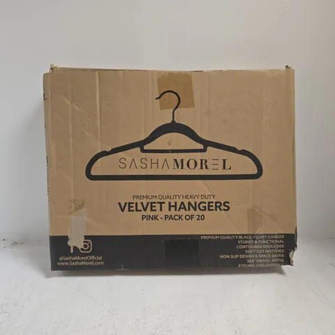 BOXED SASHA MOREL SET OF 20 PREMIUM QUALITY HEAVY DUTY VELVET CLOTHES HANGERS IN PINK