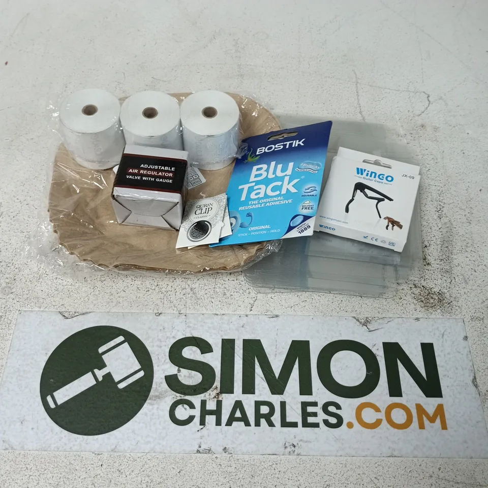 APPROXIMATELY 12 ASSORTED HOUSEHOLD ITEMS TO INCLUDE BLUE TACK, GUITAR CAPO, AIR REGULATOR VALVE, ETC