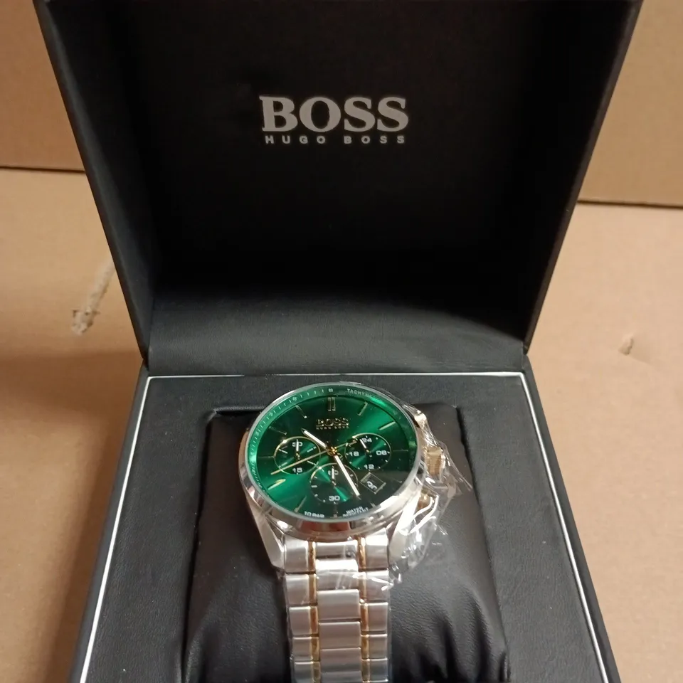 BOXED HUGO BOSS MEN'S CHRONOGRAPH WATCH – GREEN DIAL, TWO-TONE STAINLESS STEEL BRACELET