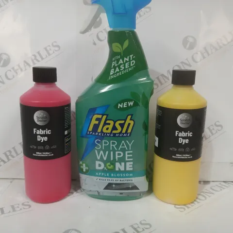 APPROXIMATELY 10 ASSORTED HOUSEHOLD ITEMS TO INCLUDE FABRIC DYE IN YELLOW, FABRIC DYE IN BRIGHT RED, FLASH, ETC - COLLECTION ONLY