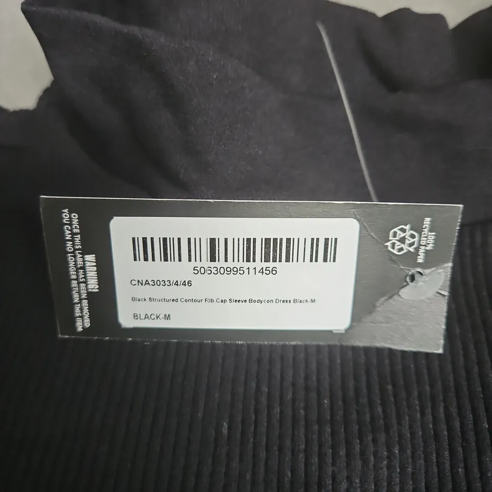 PRETTYLITTLETHING BLACK STRUCTURED CONTOUR CAP SLEEVE BODYCON DRESS – SIZE M