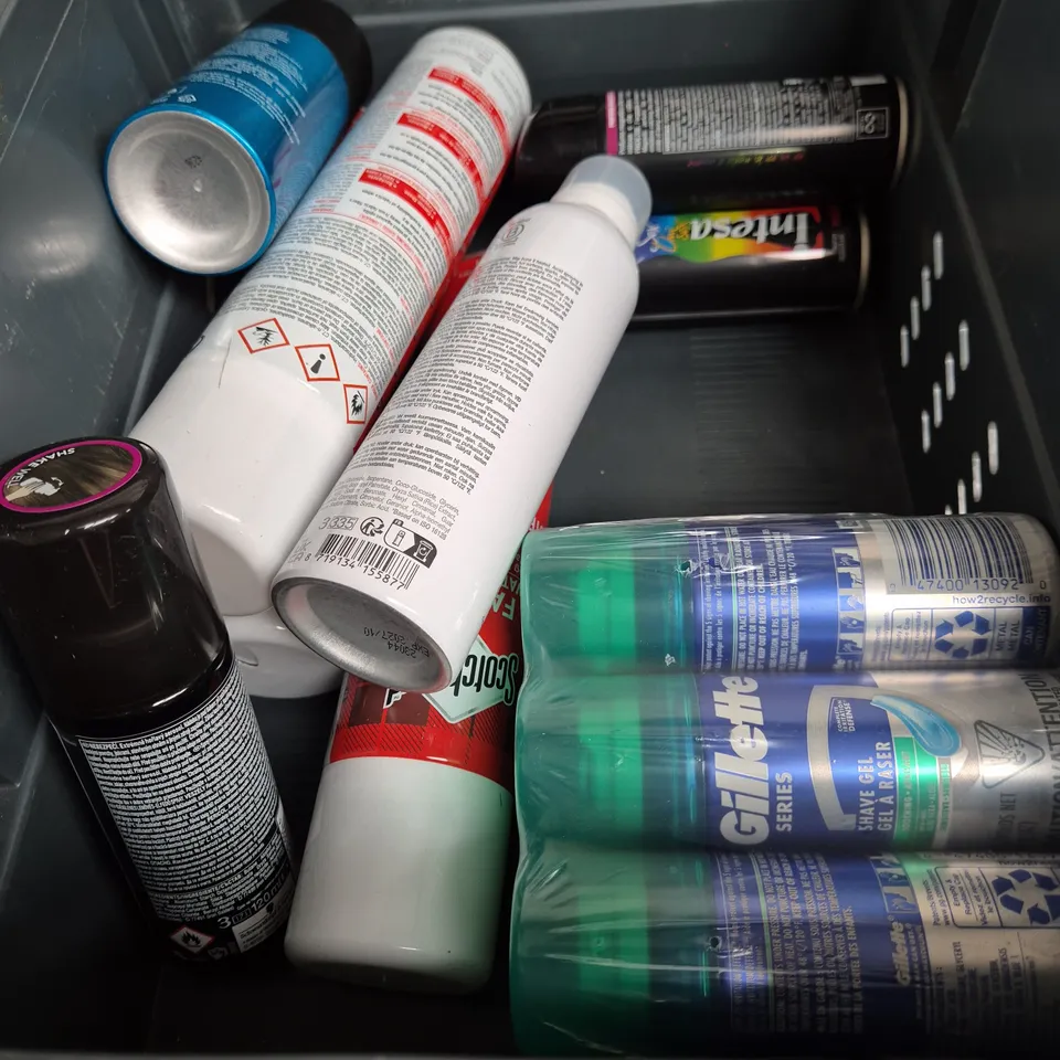 APPROXIMATELY 12 ASSORTED AEROSOLS TO INCLUDE - GILETTE SHAVE GEL - RITUALS... FOAMING SHOWER GEL - GOT2BDRY SHAMPOO - ETC - COLLECTION ONLY