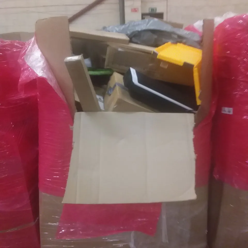 PALLET OF ASSORTED HOUSEHOLD PRODUCTS AND ITEMS, INCLUDING; PENDANT LIGHT, DOOR FRAME PULL-UP BAR, FAN, BOXED FURNITURE ETC 