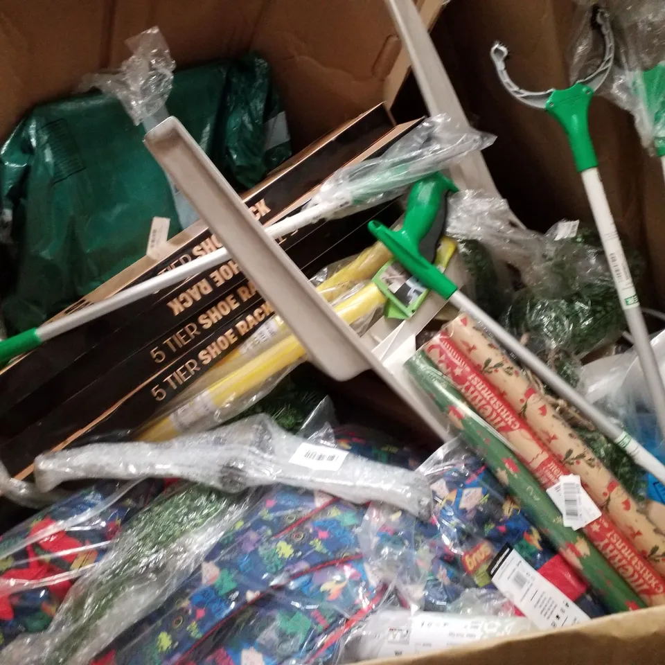 PALLET CONTAINING ASSORTED PRODUCTS INCLUDING 5 TIER SHOE RACK, DRY ERASE SENTENCE STRIPS, CHRISTMAS WRAPPING PAPER, KIDS BACKPACK, MATTRESS TOPPER & GRABBER