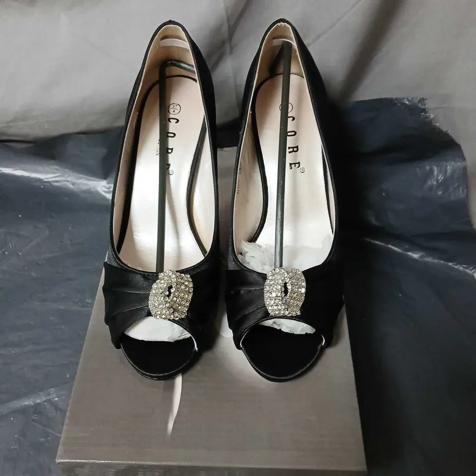 CORE COLLECTION BLACK SATIN PEEP-TOE HEELS, UK 4 (EU 37)