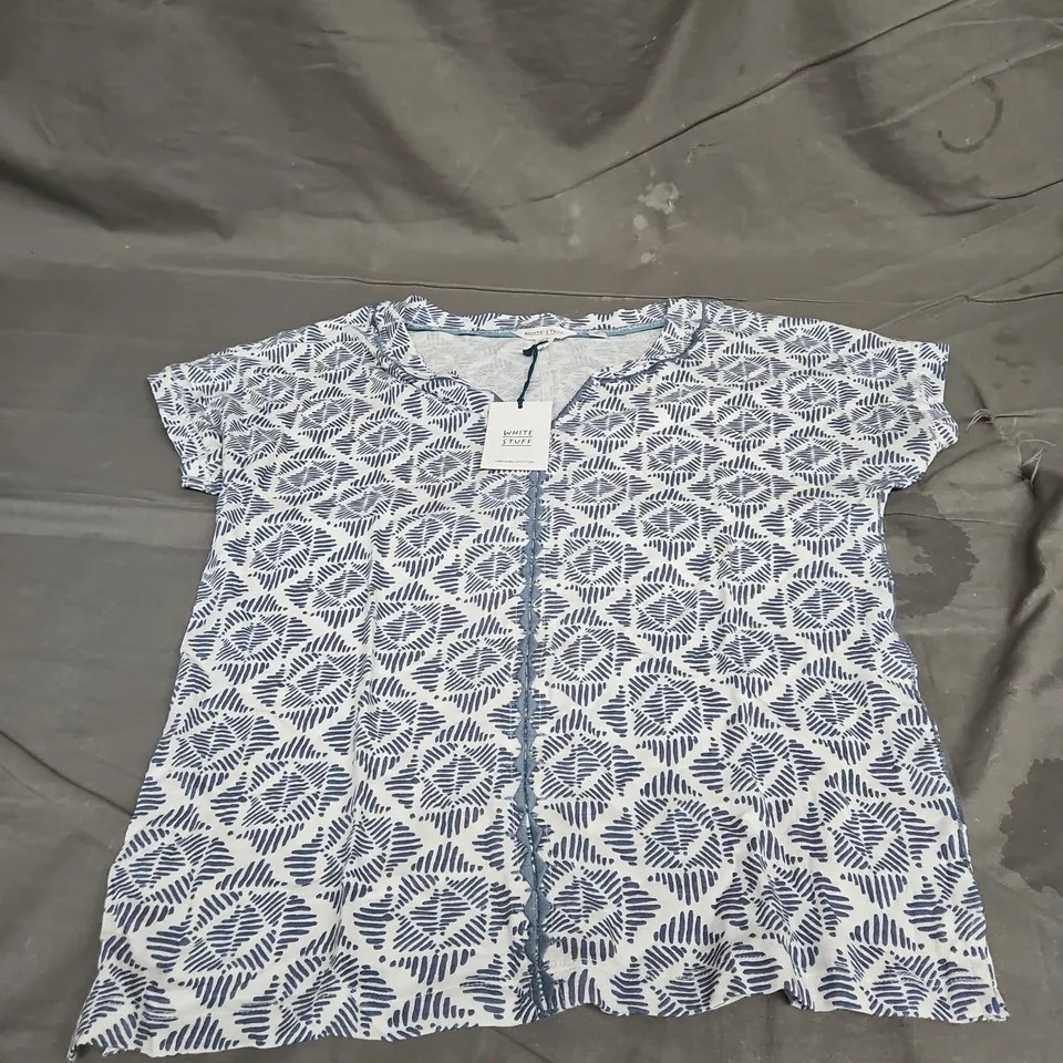 WHITE STUFF NELLY NOTCH EMBROIDERED TEE IN BLUE PRINT SIZE 10