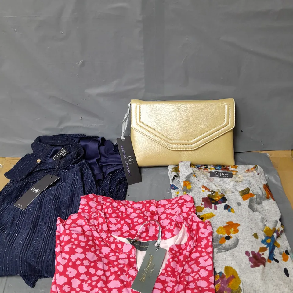 APPROXIMATELY 15 LADIES CLOTHING AND HANDBAG PRODUCTS ASSORTED COLOURS, SIZES AND STYLES