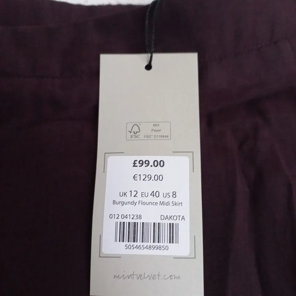 MINT VELVET BURGUNDY FLOUNCE MIDI SKIRT – UK 12 (EU 40)