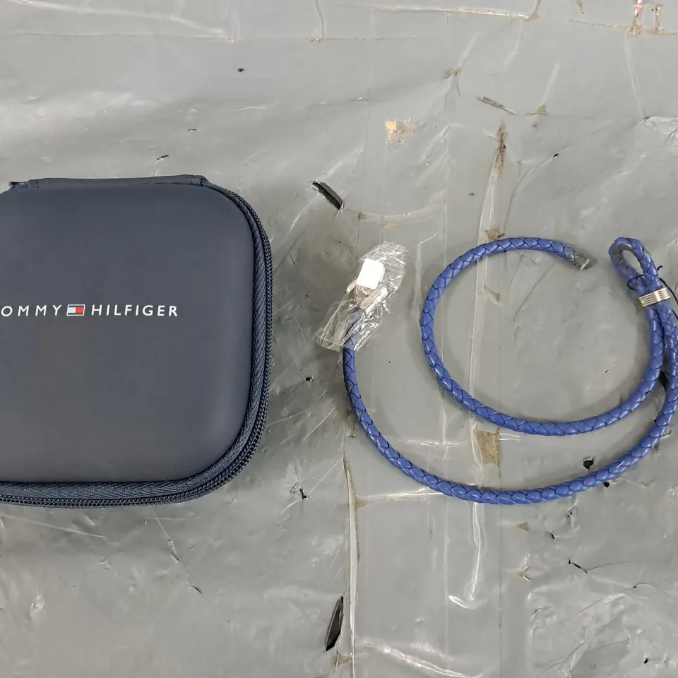 TOMMY HILFIGER MEN'S MONOGRAM BLUE LEATHER BRACELET