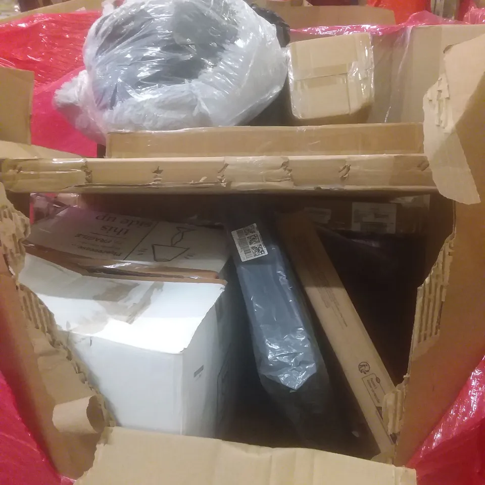 PALLET OF ASSORTED HOUSEHOLD PRODUCTS AND ITEMS, INCLUDING; LAMP, TOILET SEATS, DOG BED, DOG STAIRS, BOXED FURNITURE ETC
