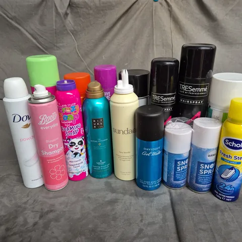 APPROXIMATELY 12 ASSORTED AEROSOLS TO INCLUDE - ENLIVEN DRY SHAMPOO - TRESSEME HAIRSPRAY - SUNDAY VERY VANILLA SHOWER FOAM - ETC - COLLECTION ONLY