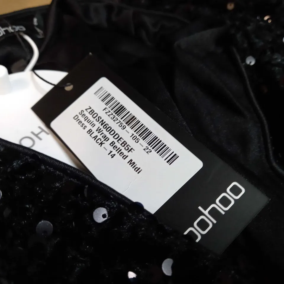 BOOHOO BLACK SEQUIN WRAP BELTED MIDI DRESS - SIZE 14