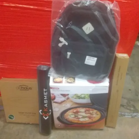 PALLET OF ASSORTED ITEMS INCLUDING LARGE ROUND TRAY, BAMBOO DRAWER DIVIDERS, NONSTICK PIZZA MAKER, SCHOOL BAG