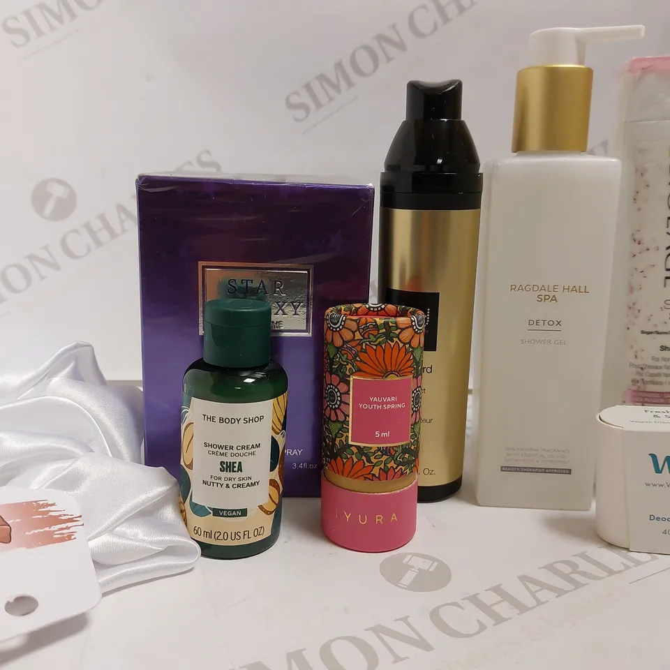 BOX OF APPROX 15 ITEMS TO INCLUDE SAFFRON STAR GALAXY EAU DE PARFUM SPRAY, IYURA YOUTH SPRINGS, GHD BODYGUARD