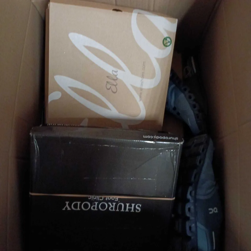BOX OF APPROXIMATELY 12 PAIRS OF ASSORTED SHOES IN VARIOUS COLOUR, STYLES AND SIZES