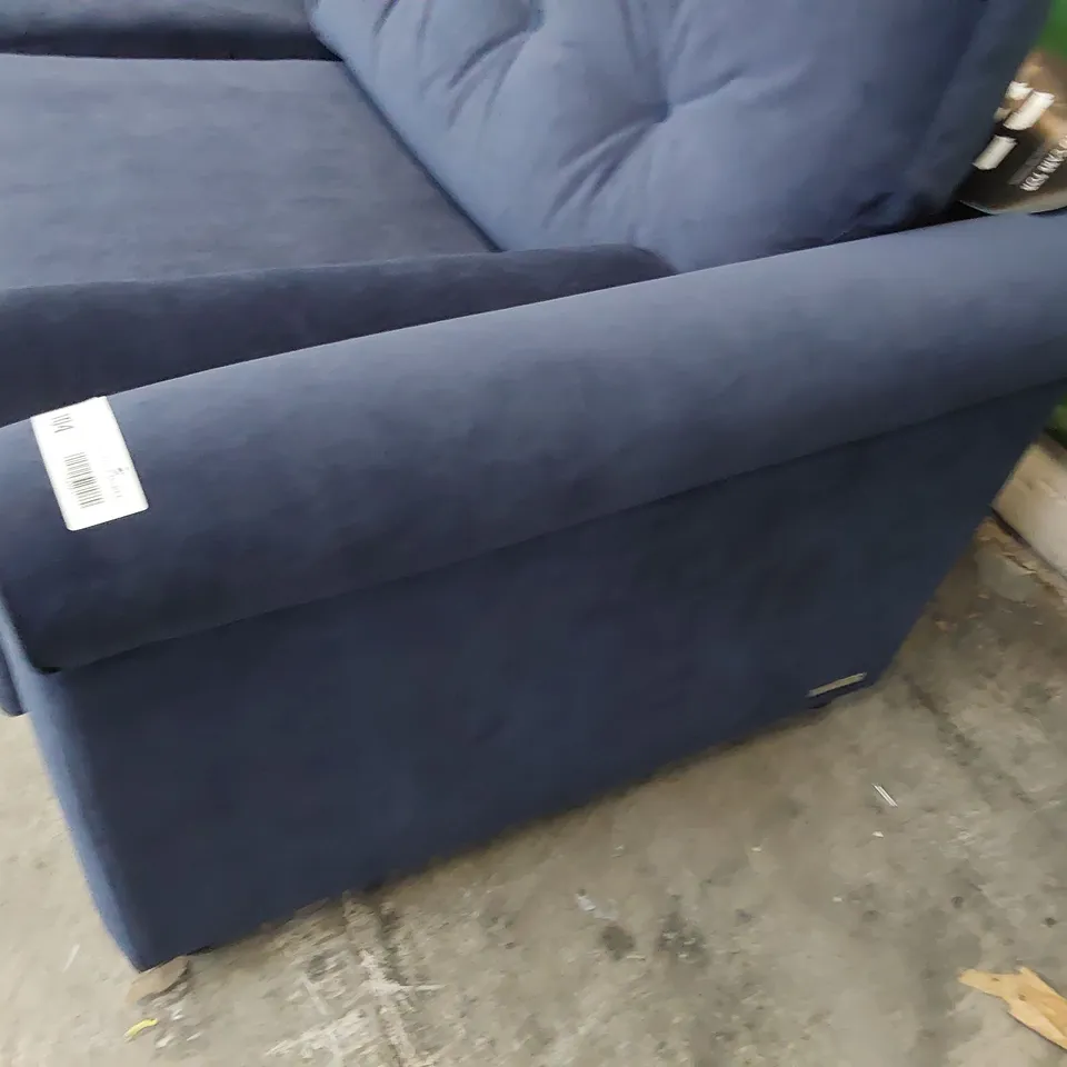 QUALITY BRITISH DESIGNER LOUNGE Co. FOUR SEATER SOFA WITH ROLL BOLSTER CUSHIONS BLUE PLUSH FABRIC 