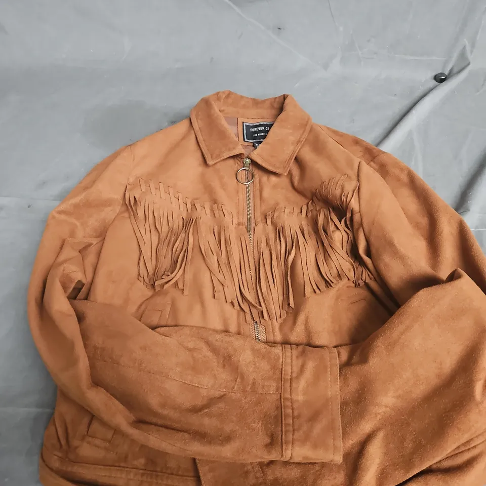 FOREVER 21 WOMEN'S BROWN FRINGE SUEDE-LOOK JACKET – ZIP FRONT, UK L