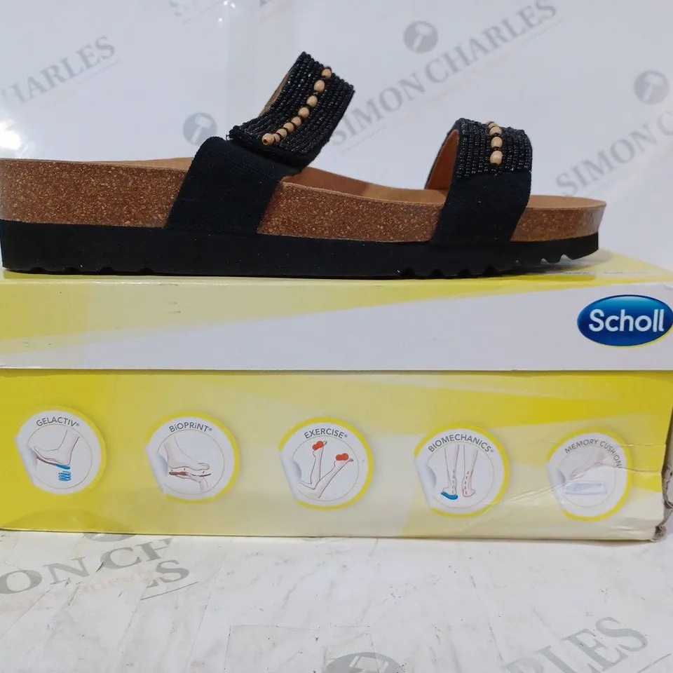 BOXED PAIR OF SCHOLL TAMBRE BEADED MULE SANDALS IN BLACK UK SIZE 8