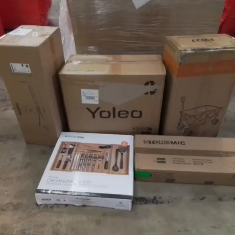 PALLET CONTAINING ASSORTED HOUSEHOLD AND HOME IMPROVEMENT PRODUCTS. INCLUDES HOME FURNITURE, KITCHEN UTENSIL ORGANISER, SHELVES, TROLLEY ETC