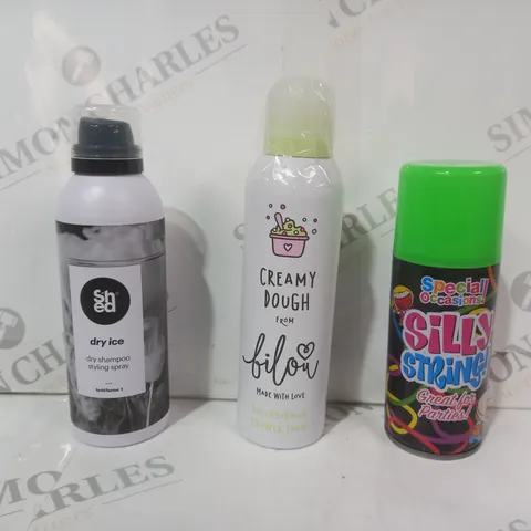 APPROXIMATELY 15 ASSORTED AEROSOL ITEMS IN INCLUDE SILLY STRING, CREAMY DOUGH SHOWER FOAM, DRY ICE DRY SHAMPOO, ETC - COLLECTION ONLY