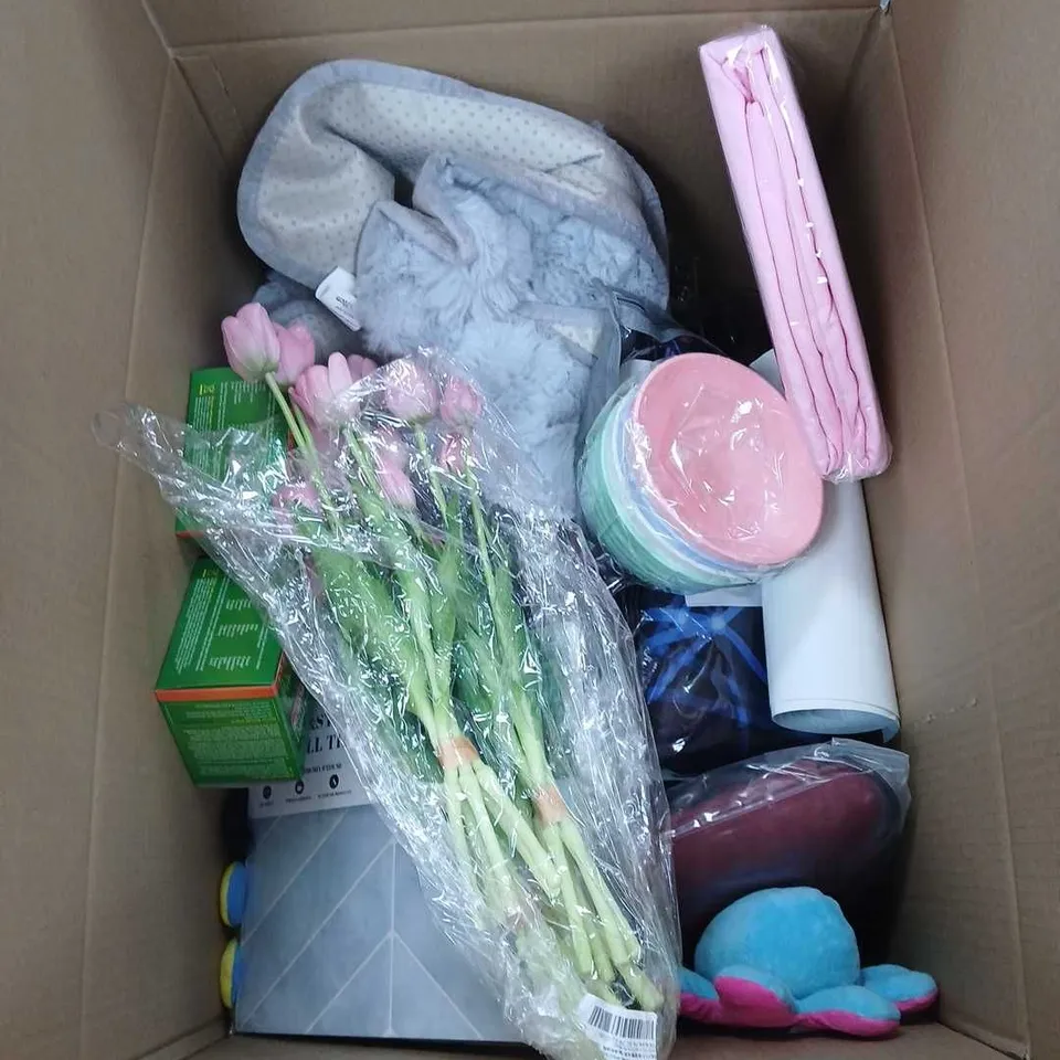 BOX OF APPROXIMATELY 20 ASSORTED ITEMS TO INCLUDE FITTED SHEET, MOSQUITO AND INSECT RELIEF PLUG IN, PEEL AND STICK WALL TILES, FLOWER DECORATIONS ETC