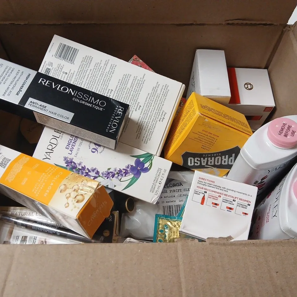 BOX OF APPROX 10 ASSORTED HEALTH AND BEAUTY ITEMS TO INCLUDE PERFUME , YARDLEY AND L'OREAL