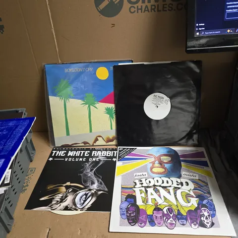 APPROXIMATELY 10 ASSORTED VINYLS INCLUDING THE CURE , PAZ POOBA , THE WHITE RABBIT VOL1 AND HOODED FANG
