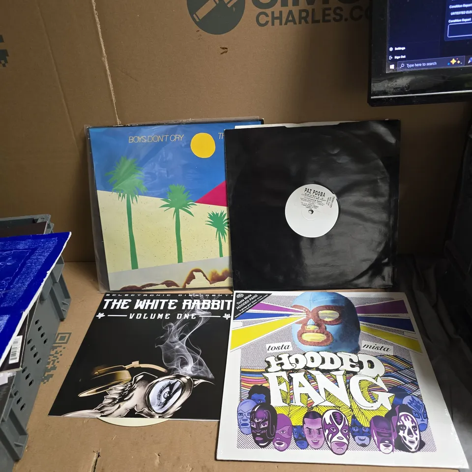 APPROXIMATELY 10 ASSORTED VINYLS INCLUDING THE CURE , PAZ POOBA , THE WHITE RABBIT VOL1 AND HOODED FANG