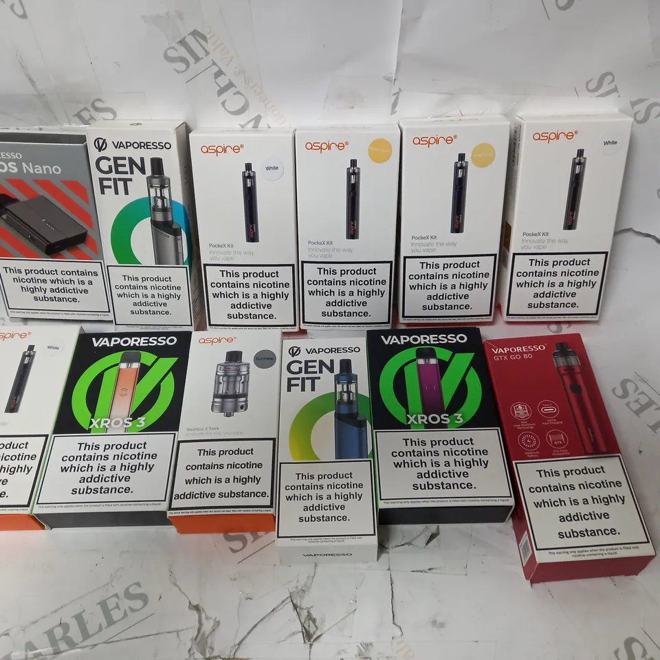 BOX OF APPROX 12 ASSORTED E-CIGARETTES TO INCLUDE  - ASPIRE POCKET X KIT - VAPORESSO XROS 3 - VOPRESSO GEN FIT
