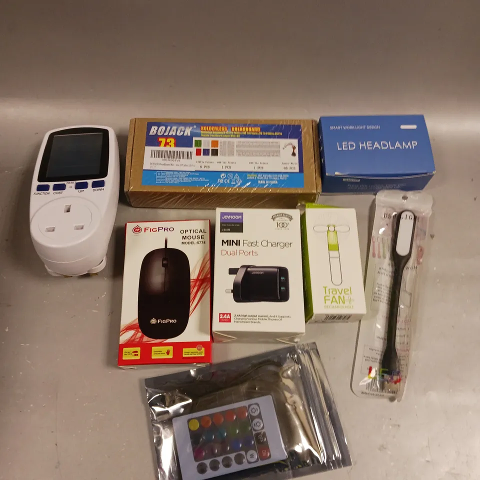 APPROXIMATELY 20 ASSORTED ELECTRICAL PRODUCTS TO INCLUDE LED HEADLAMP, OPTICAL MOUSE, TRAVEL FAN ETC 