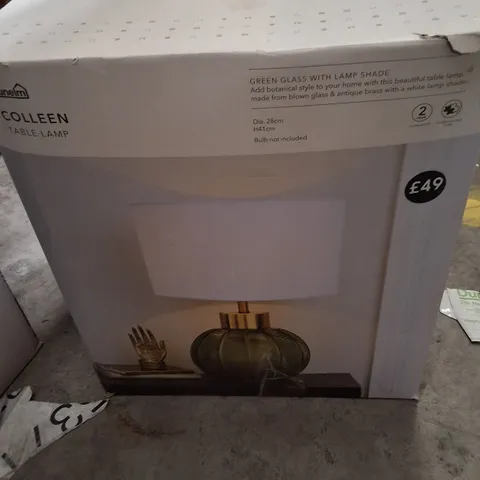 BOXED DUNELM COLLEEN TABLE LAMP - GREEN GLASS WITH LAMP SHADE