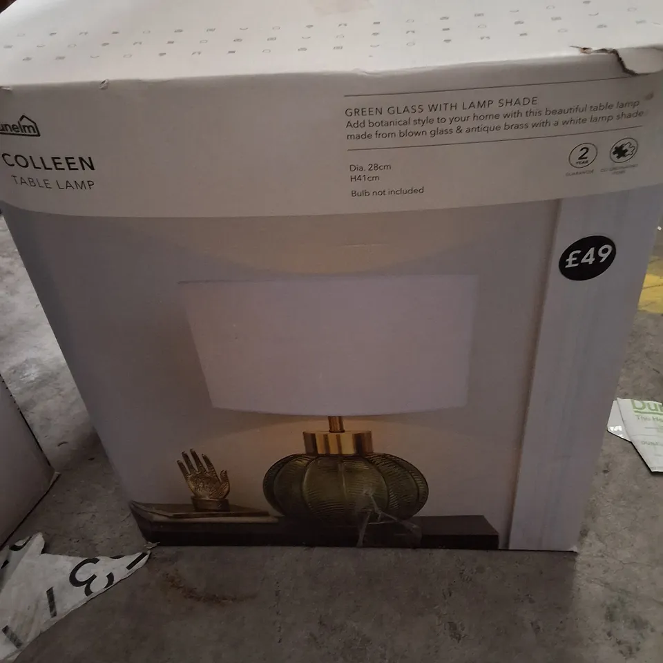 BOXED DUNELM COLLEEN TABLE LAMP - GREEN GLASS WITH LAMP SHADE