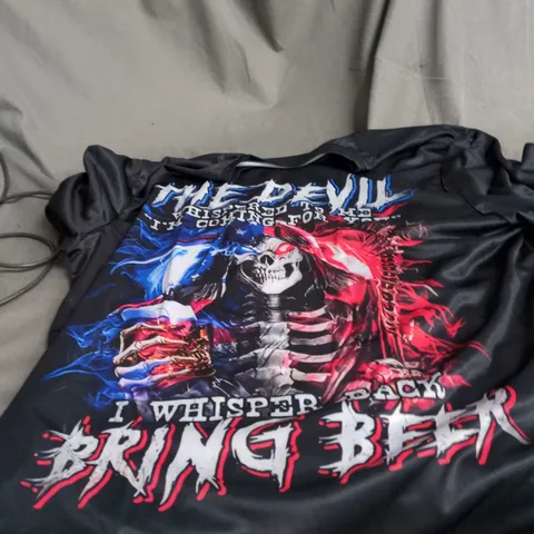 BOX OF APPROXIMATELY 25 ASSORTED CLOTHING ITEMS INCLUDING GRAPHIC DESIGN T SHIRT , CAMOUFLAGE TROUSERS AND BLACK LIGHTWEIGHT TROUSERS 