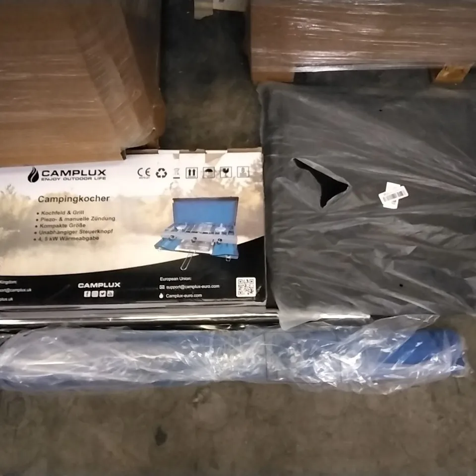 PALLET OF ASSORTED ITEMS INCLUDING CAMPLUX CAMPING COOKER, DAYSTAR RECLINING LIGHTWEIGHT FOLDING BEACH CHAIR, KING CAMP FOLDING CHAIR, G-BLOCS PARASOL BASE, MOVTOTOP, SPRING LOADED TENSION ROD
