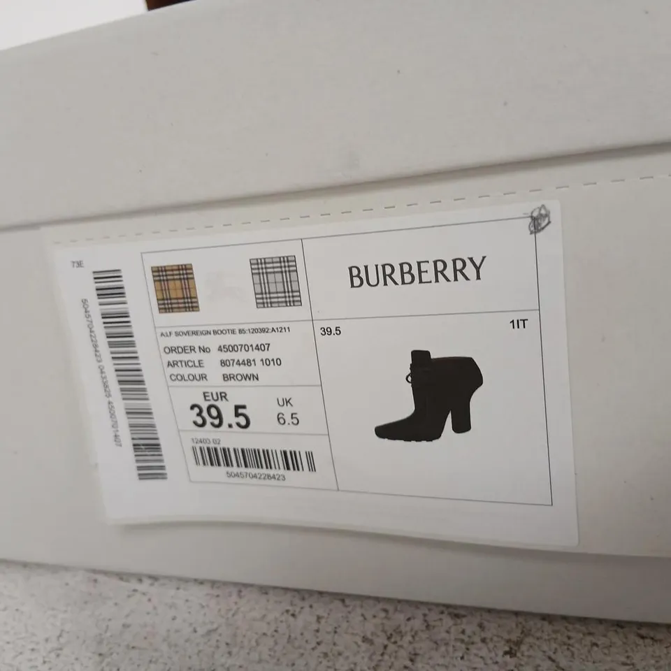 BURBERRY BROWN SUEDE ANKLE BOOTS – UK 6.5 (EU 39.5) – BOXED
