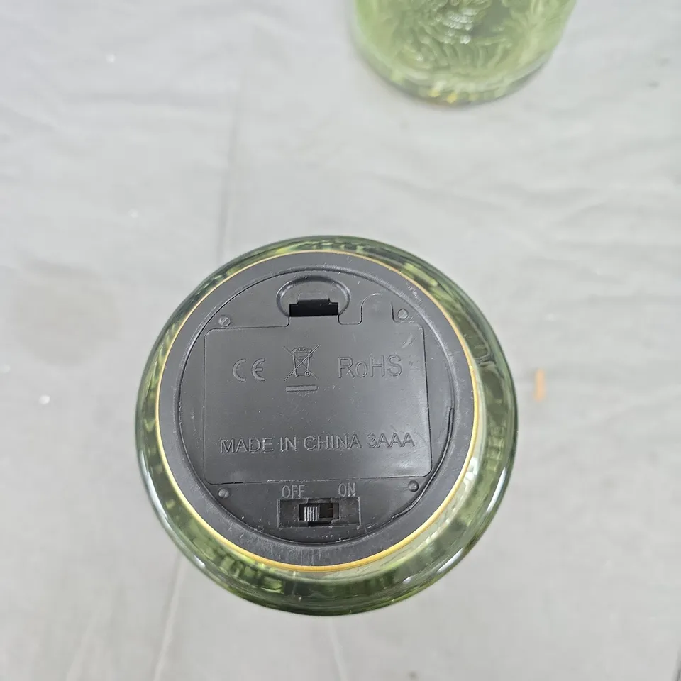 GREEN ETCHED GLASS TUMBLERS WITH PALM LEAF PATTERN – SET OF 2. BATTERY POWERED