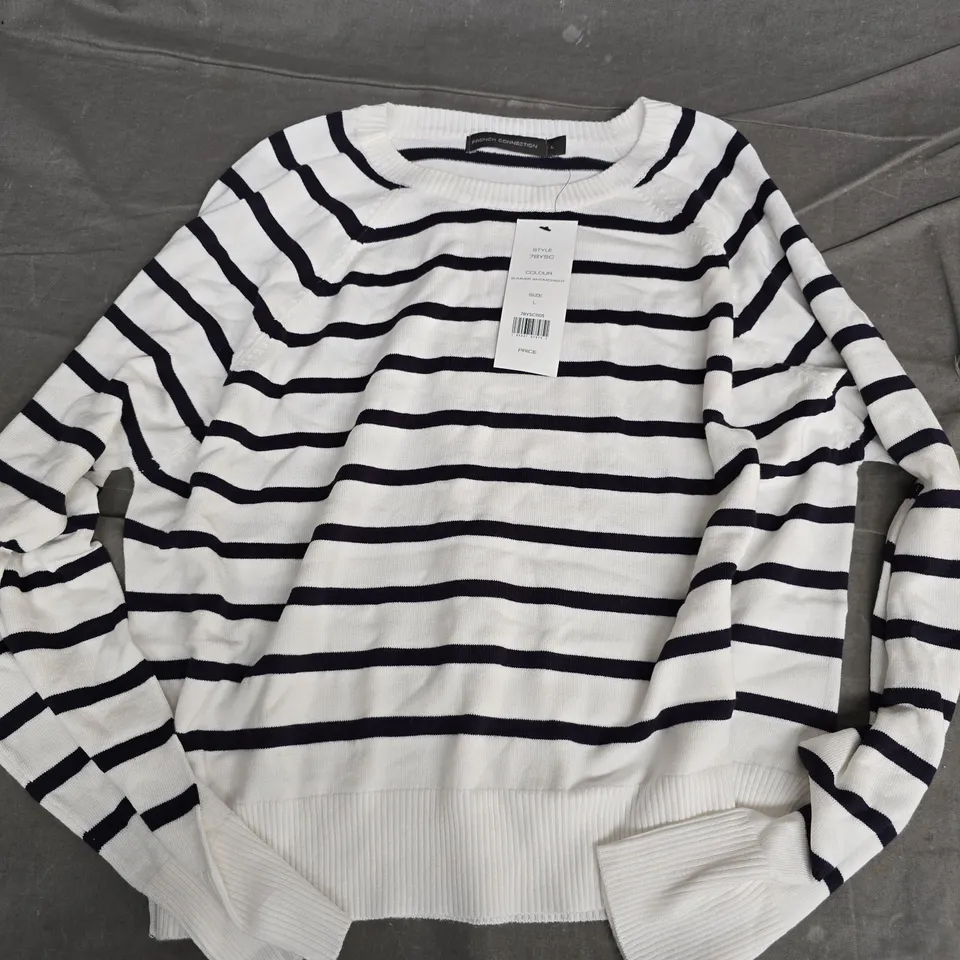 FRENCH CONNECTION STRIPED KNIT JUMPER – WHITE & NAVY, SIZE L