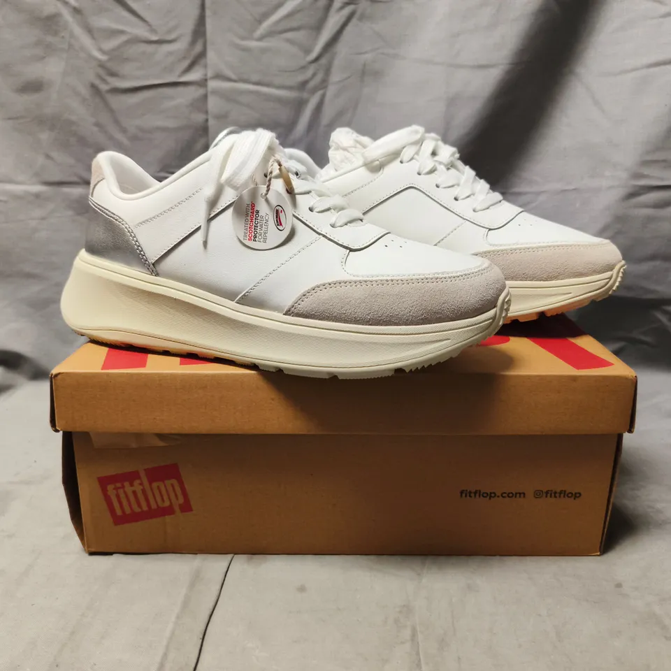 BOXED PAIR OF FITFLOP F-MODE FLATFORM SNEAKERS IN WHITE/SILVER SIZE UK 5