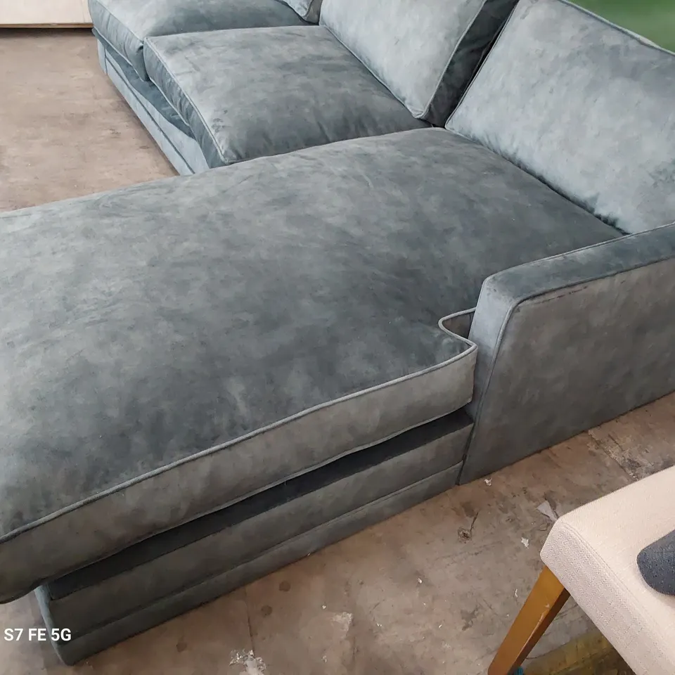 DESIGNER ALDBOURNE RH CHAISE METAL ACTION SOFABED METALLIC BLUE PLUSH FABRIC 