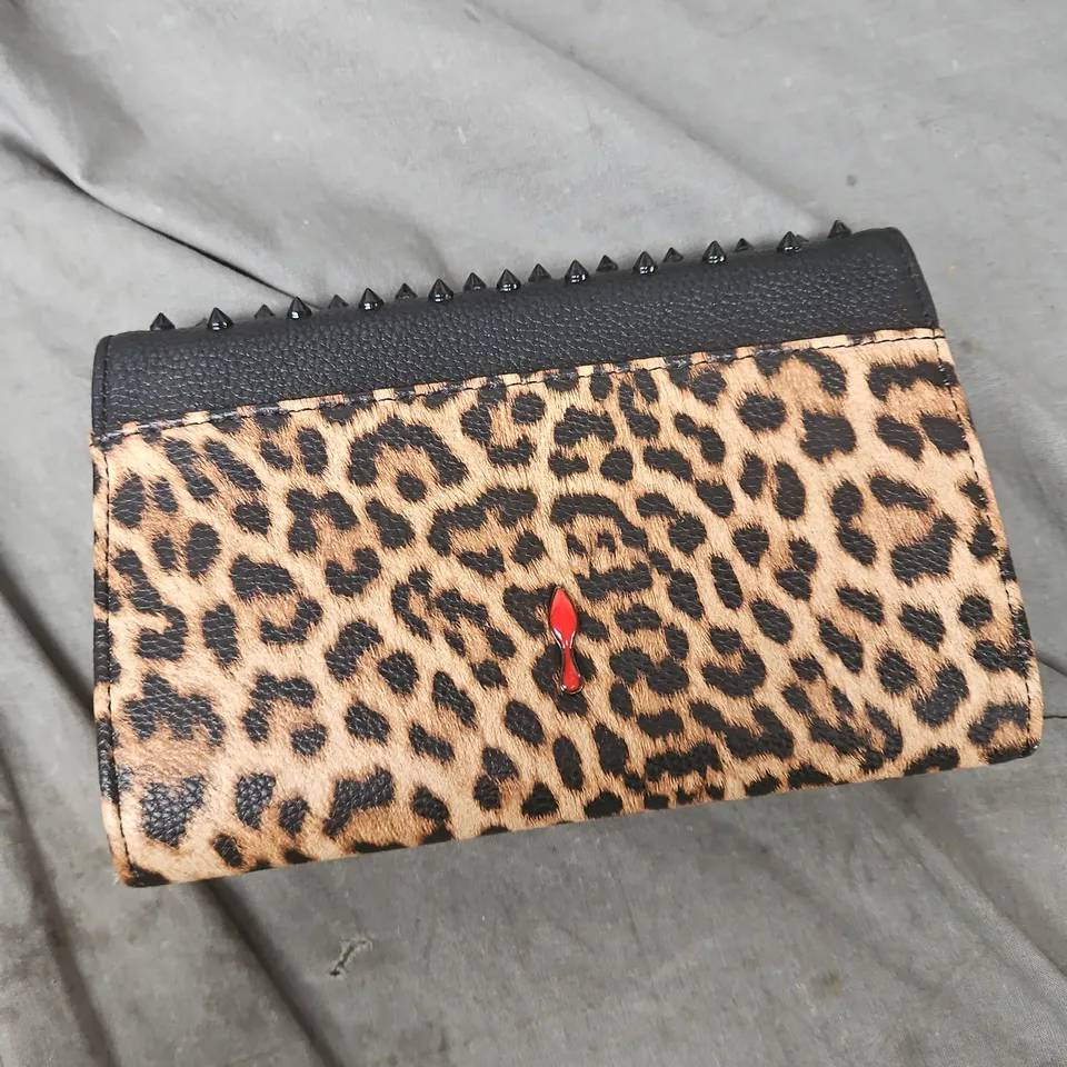 CHRISTIAN LOUBOUTIN LEOPARD PRINT FAUX LEATHER WALLET WITH BLACK STUDDED FLAP 