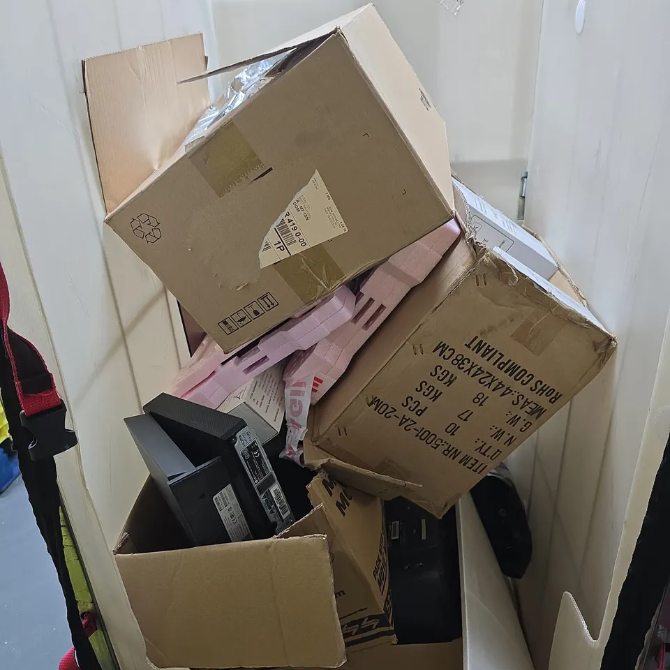 CAGE OF APPROXIMATELY 20 ASSORTED ITEMS INCLUDING TONER CARTRIDGES , WIFI ROUTERS AND DVD PLAYER 