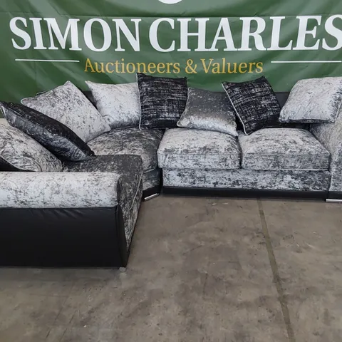 DESIGNER CORNER WITH SCATTER CUSHIONS BLACK FAUX LEATHER & SILVER CRUSHED VELVET 