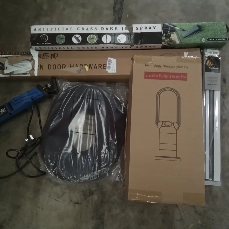 PALLET OF ASSORTED ITEMS INCLUDING ARTIFICAL GRASS RAKE JET SPRAY, SLIDING BARN DOOR HARDWARE, ORTHOPAEDIC DONUT PILLOW, BLADELESS PURIFIER & HEATER FAN, TAIYUHOMES DAY & NIGHT ROLLER BLIND
