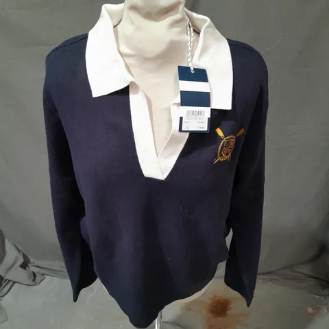 CREW CLOTHING COMPANY ROSA KNITTED RUGBY SHIRT IN NAVY SIZE 12