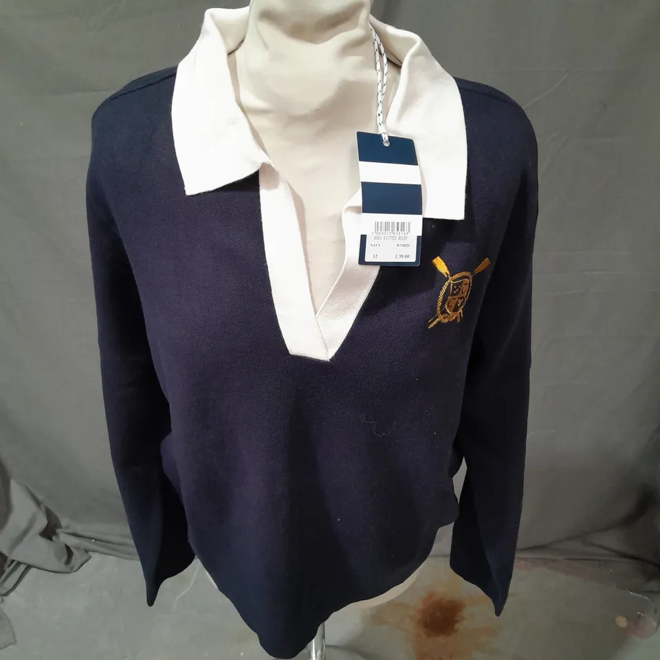 CREW CLOTHING COMPANY ROSA KNITTED RUGBY SHIRT IN NAVY SIZE 12
