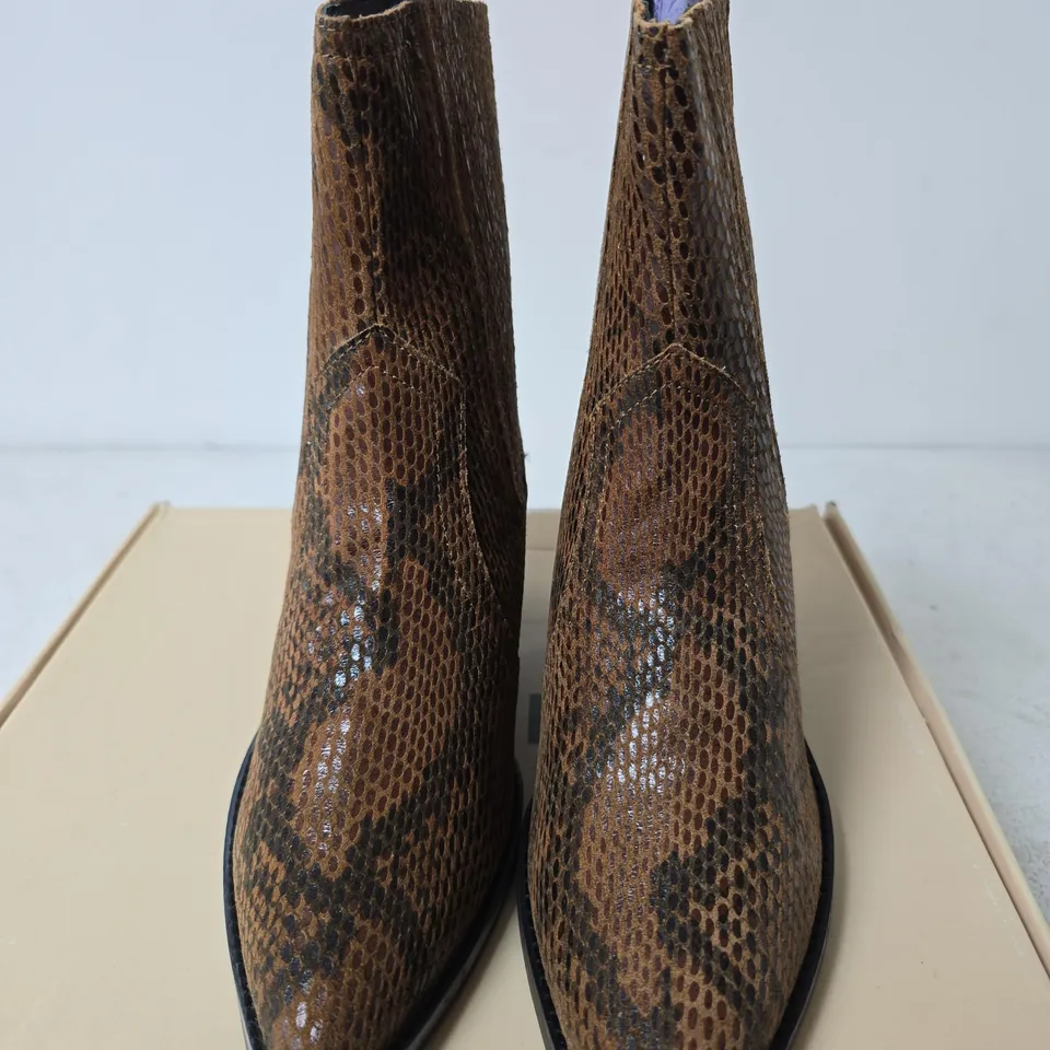 BOXED RAVEL LANGTON LEATHER BOOTS, TAN SNAKE - SIZE 6