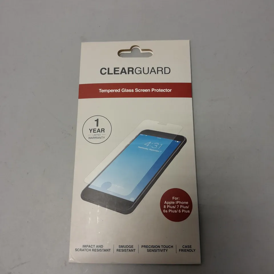 BOX OF APPROXIMATELY 250 BRAND NEW CLEARGUARD TEMPERED GLASS SCREEN PROTECTORS FOR APPLE IPHONE 8 PLUS, 7PLUS, 6S PLUS, 6 PLUS