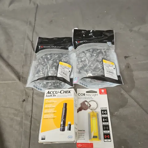 APPROXIMATELY 12 ASSORTED ITEMS TO INCLUDE ROOFING SCREWS, ACCU CHECK, COB KEY LIGHT ETC